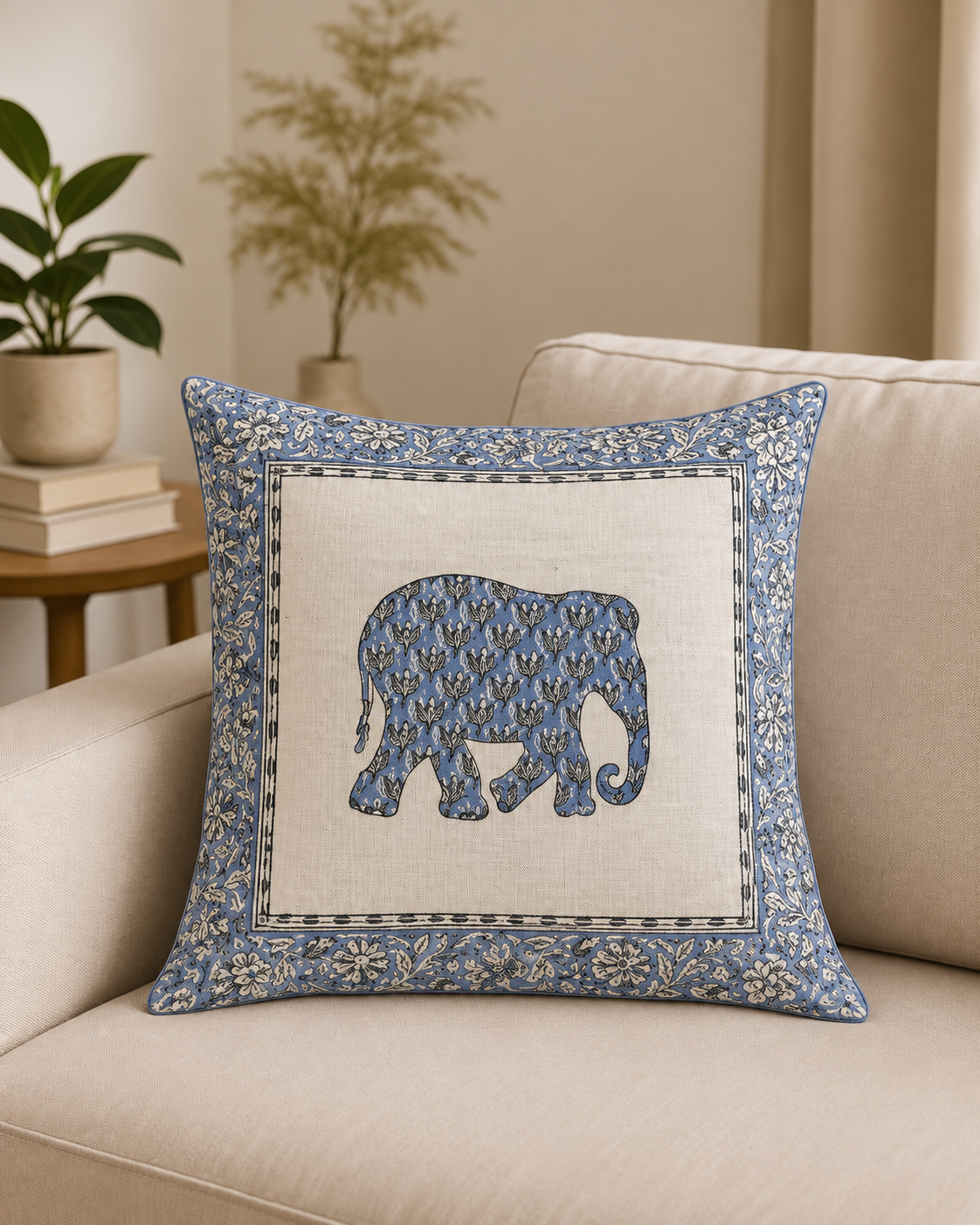 Blue Elephant Handblock Print Cushion Covers – Set of 5