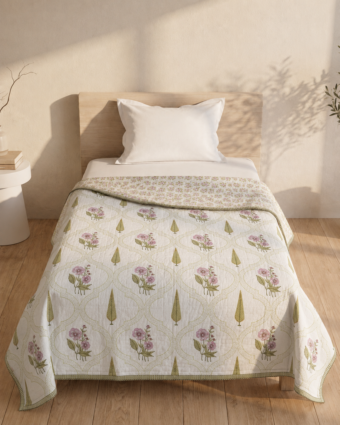 Willow Rose Meadow Hand Block Printed Cotton Single Bed Dohar (Pair of Two)
