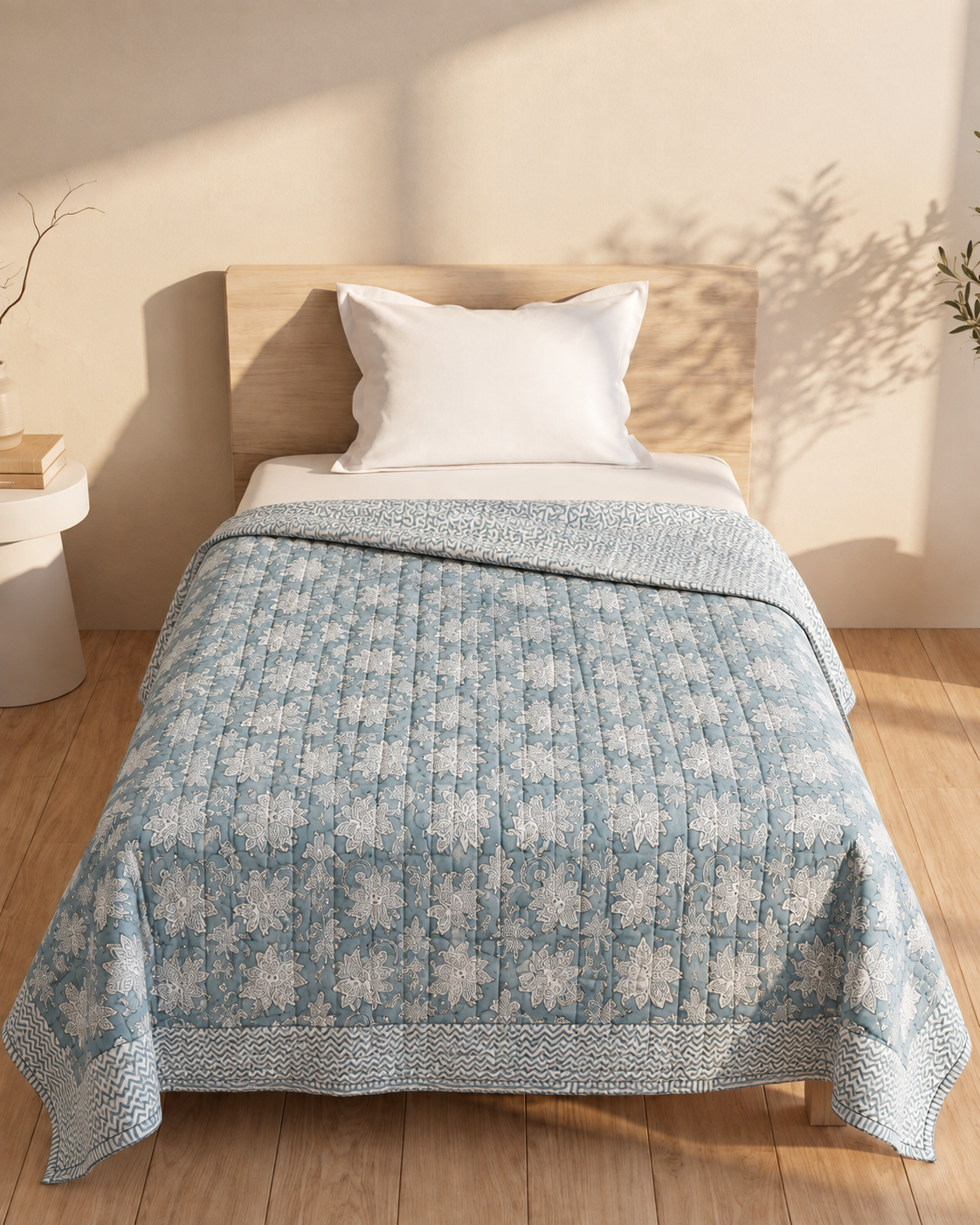 Grey Paisley Malmal Reversible Single Bed Quilt with Chevron Reverse