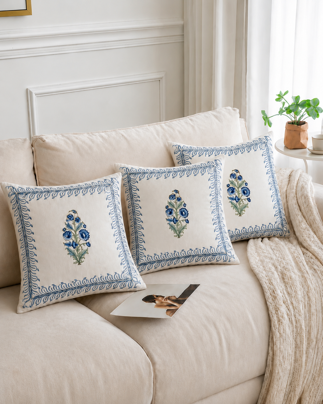 Elegant White Floral Cotton Cushion Covers – Set of 5