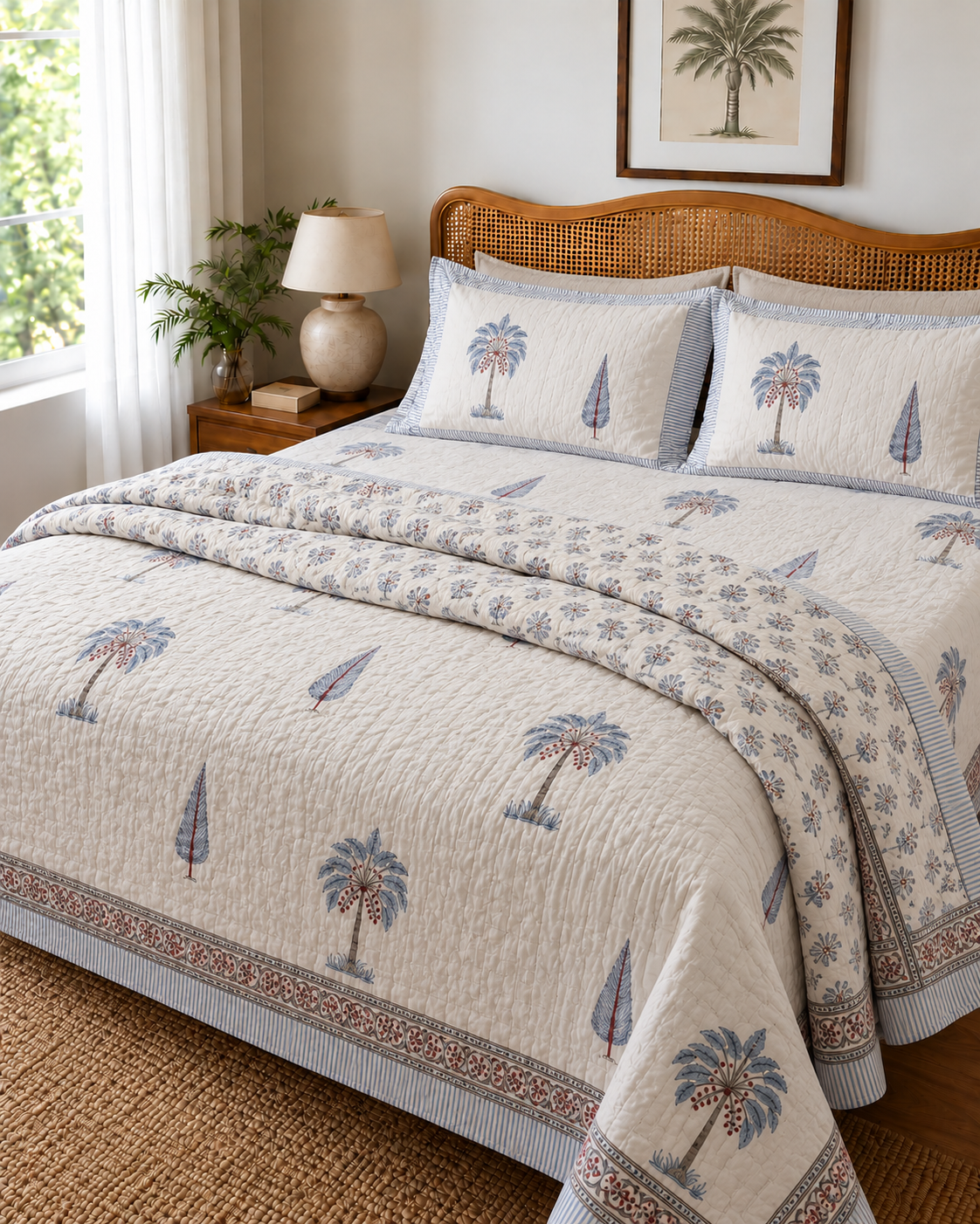 Blue Palm Cotton Jaipuri Quilt & Coordinated Bedsheet Set