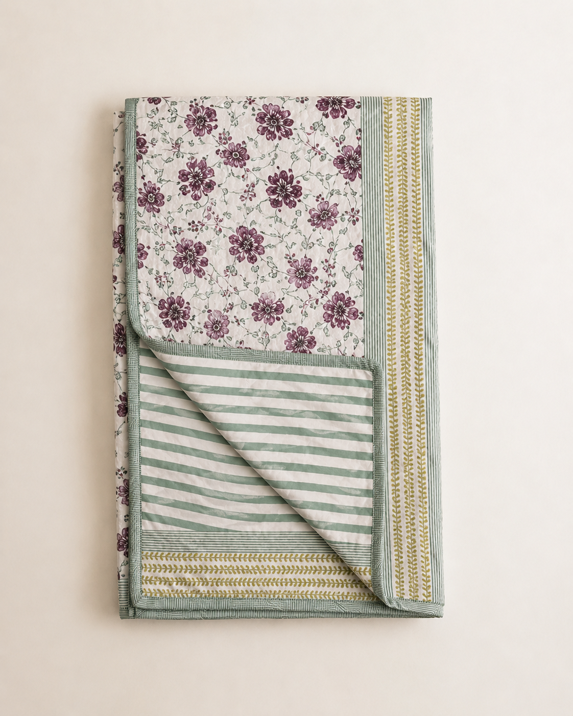Sage Blossom Hand Block Printed Pure Cotton Double Bed Dohar – Reversible