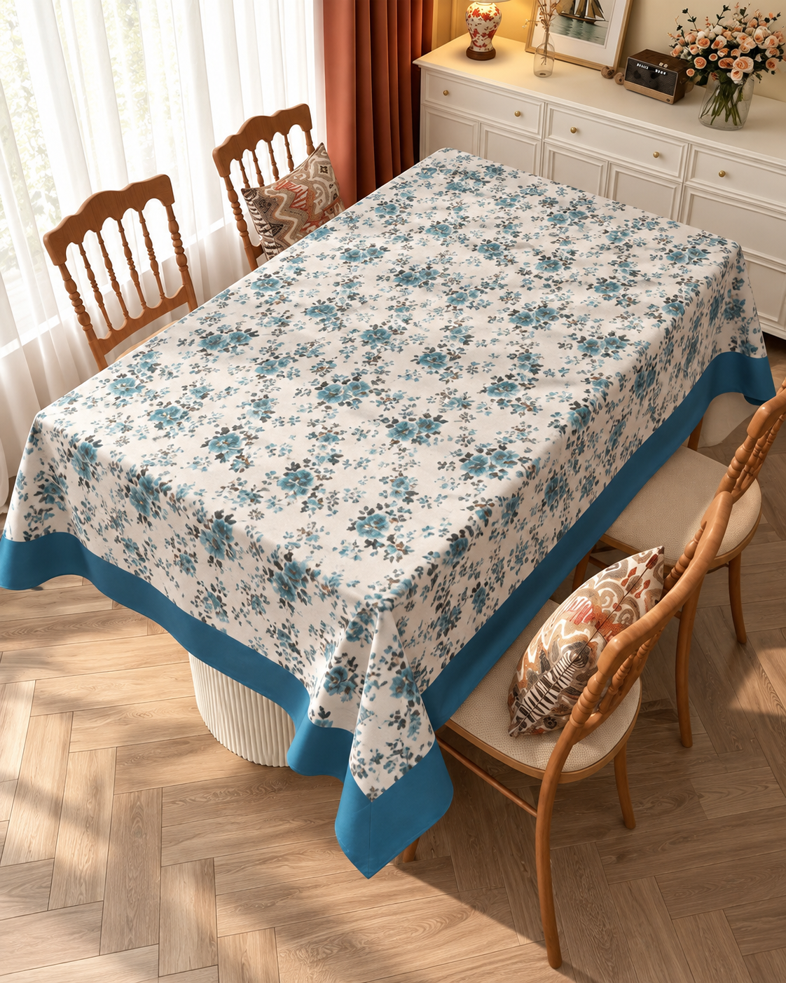 Blue Floral Printed Table Cover with Border