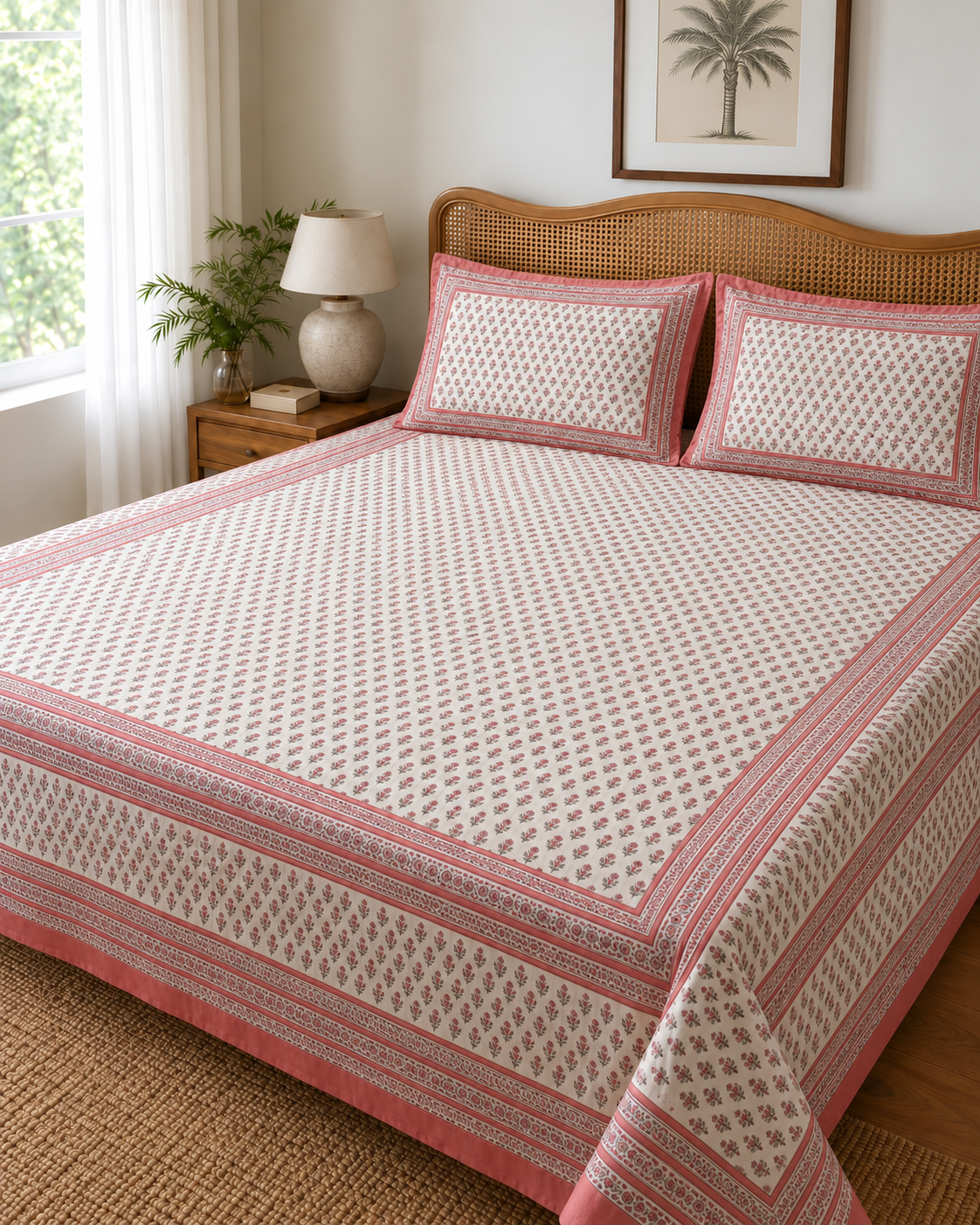 Elegant Pink Floral Block Print Bedsheet