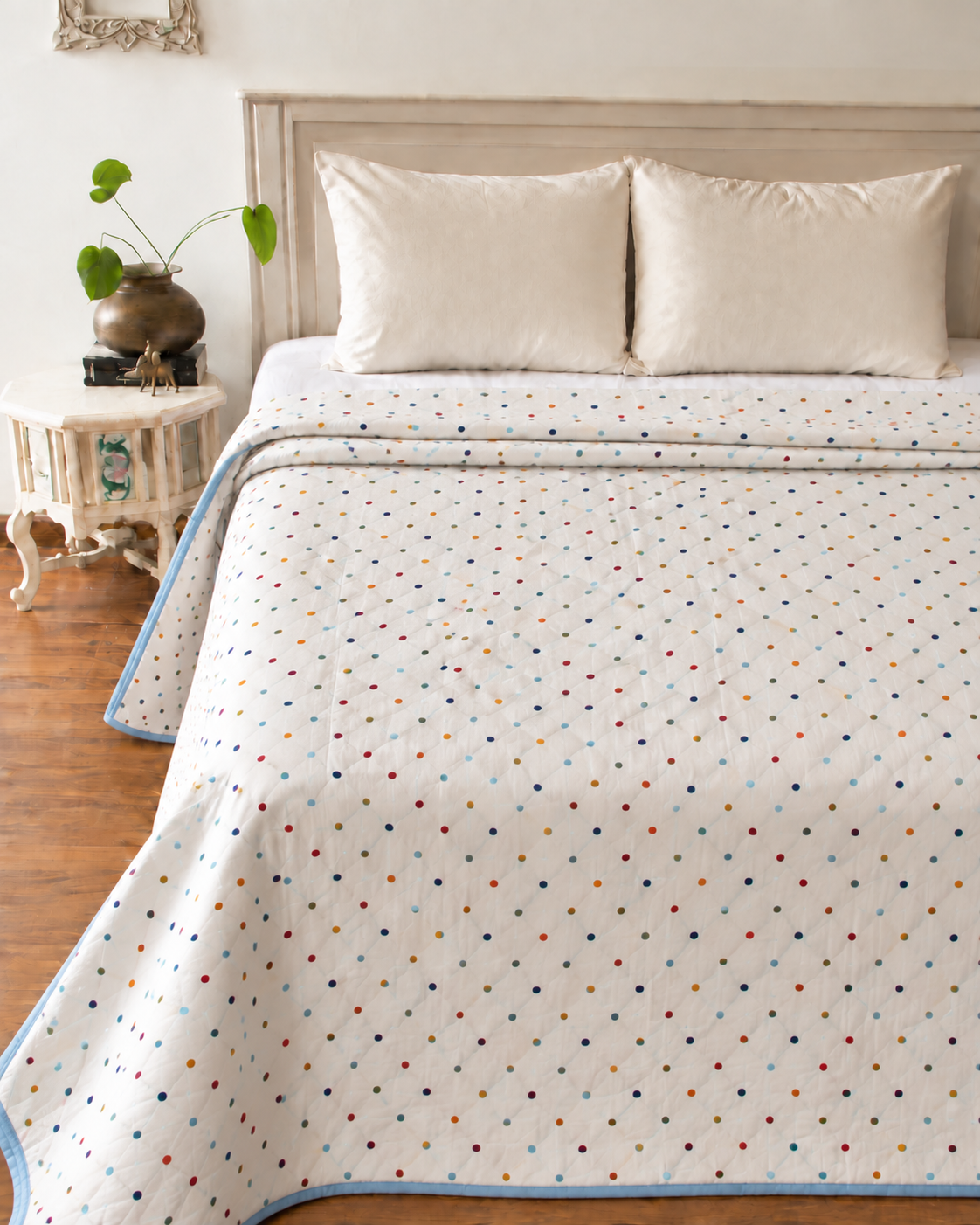 Multicolor Polka Dot Double Bed Dohar with Blue Border