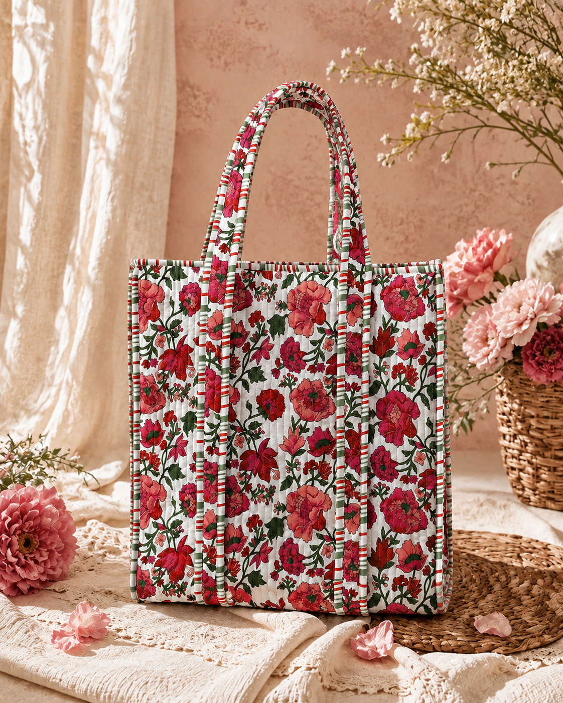 Crimson Garden Quilted Cotton Tote