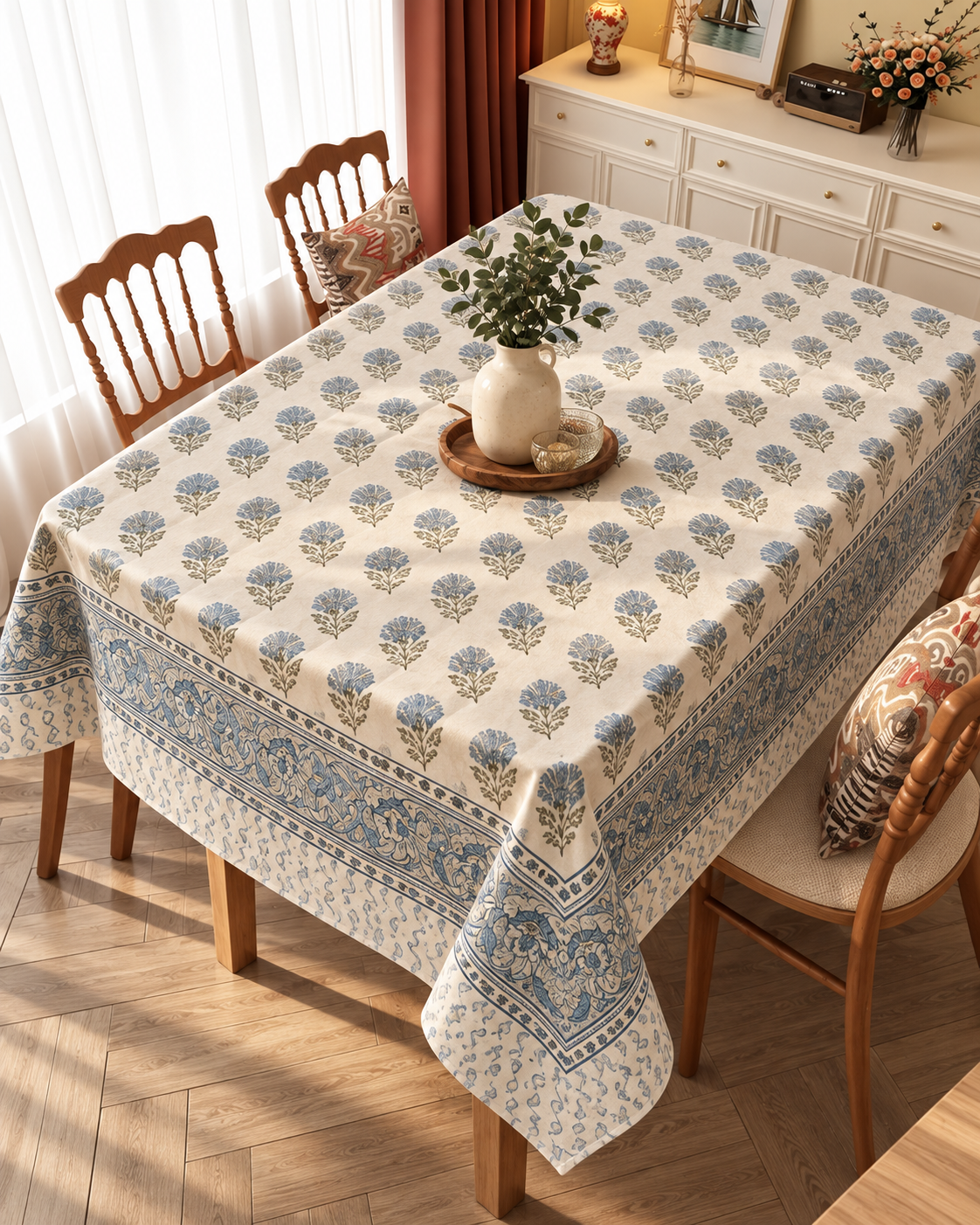 Blue Meadow Hand Block Printed Cotton Table Cover