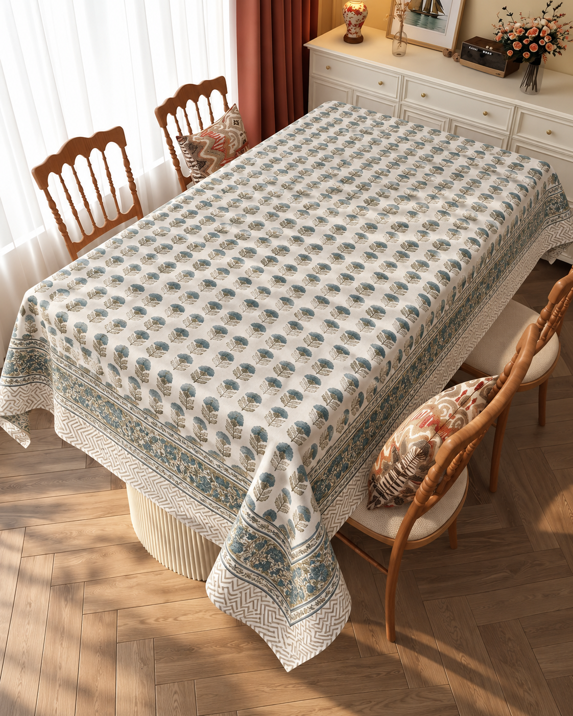 Blue Floral Block Print Table Cover with Border
