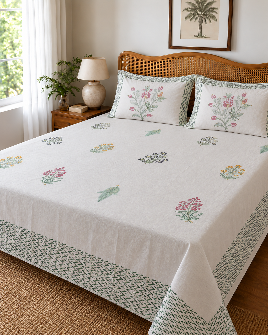 White Cotton Floral Block Print Super King Size Bedsheet