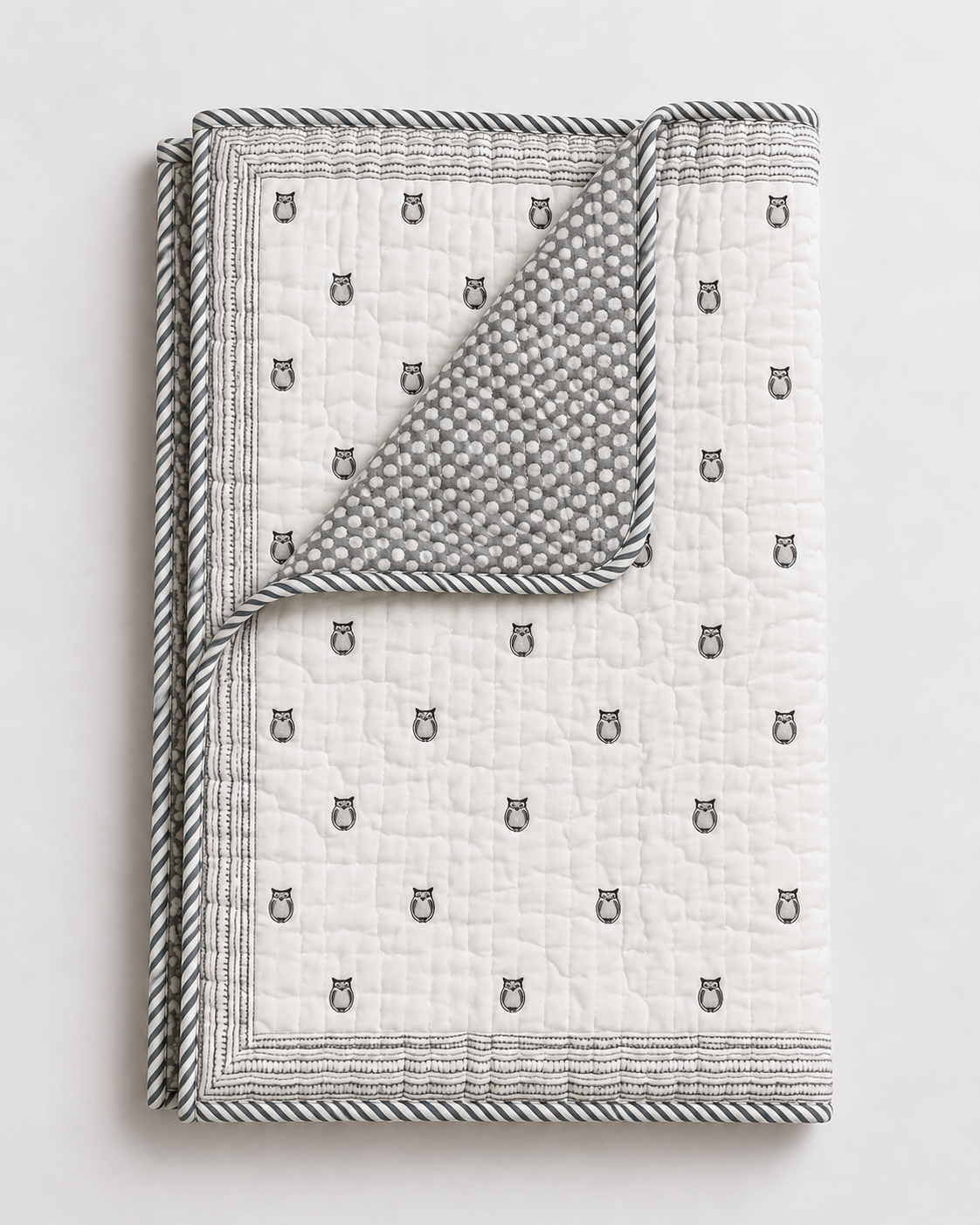 Cotton White Owl Print Reversible Baby Quilt