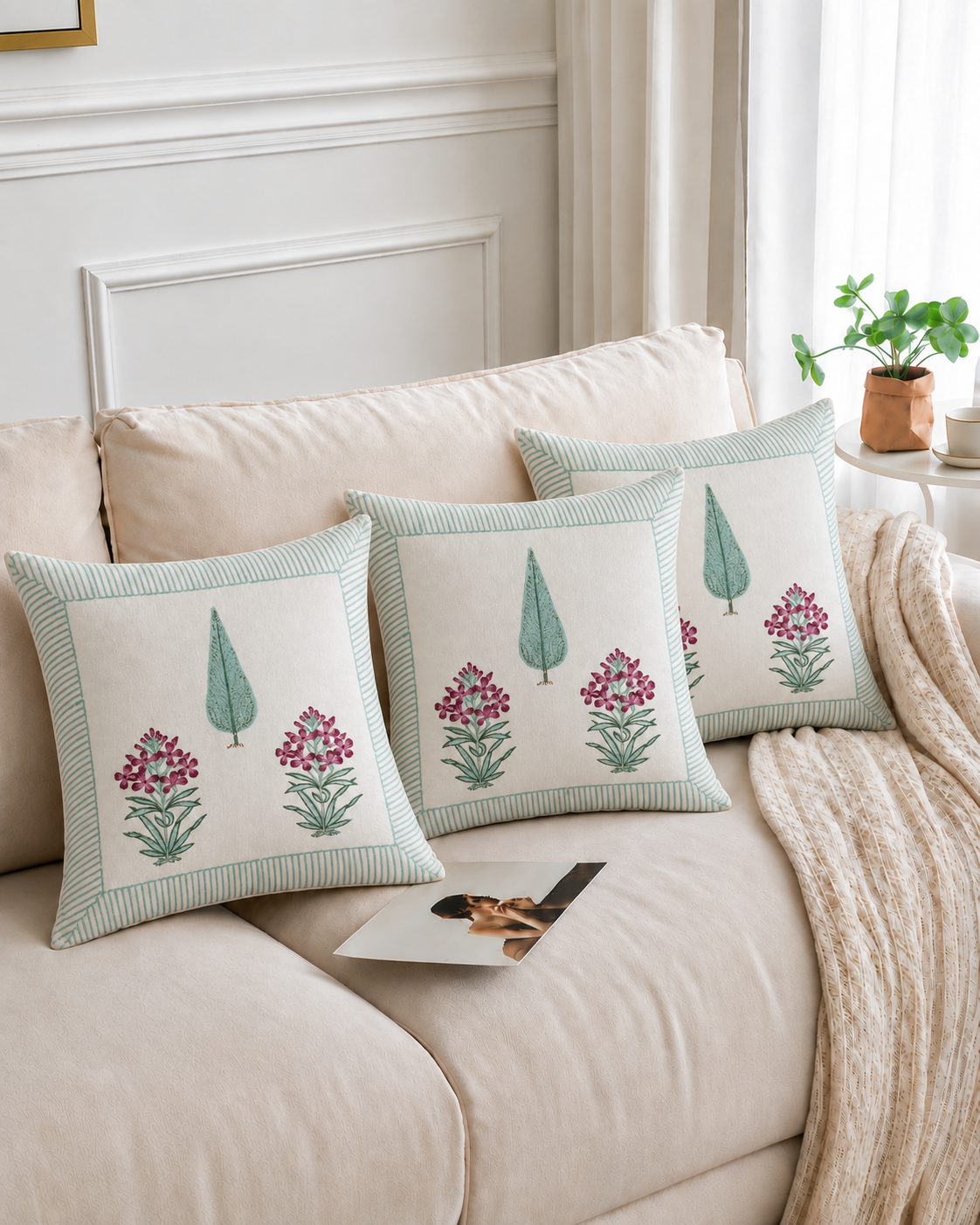 Ivory Bloom Cotton Cushion Covers – Set of 5