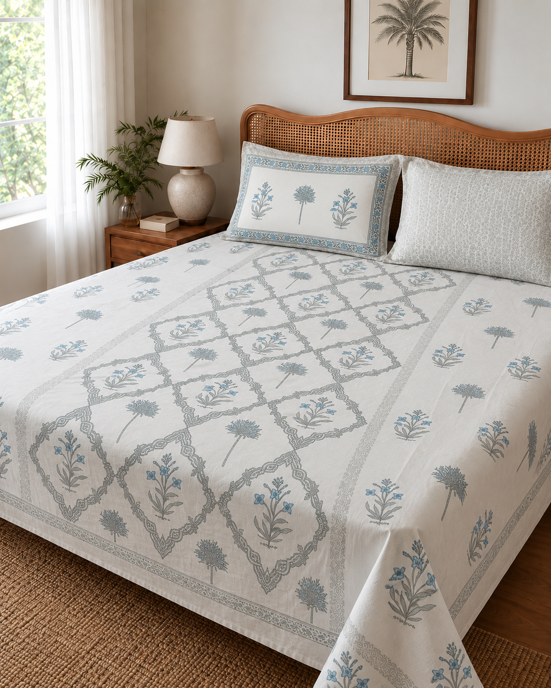 Elegant Blue Floral Motif Print Bedsheet