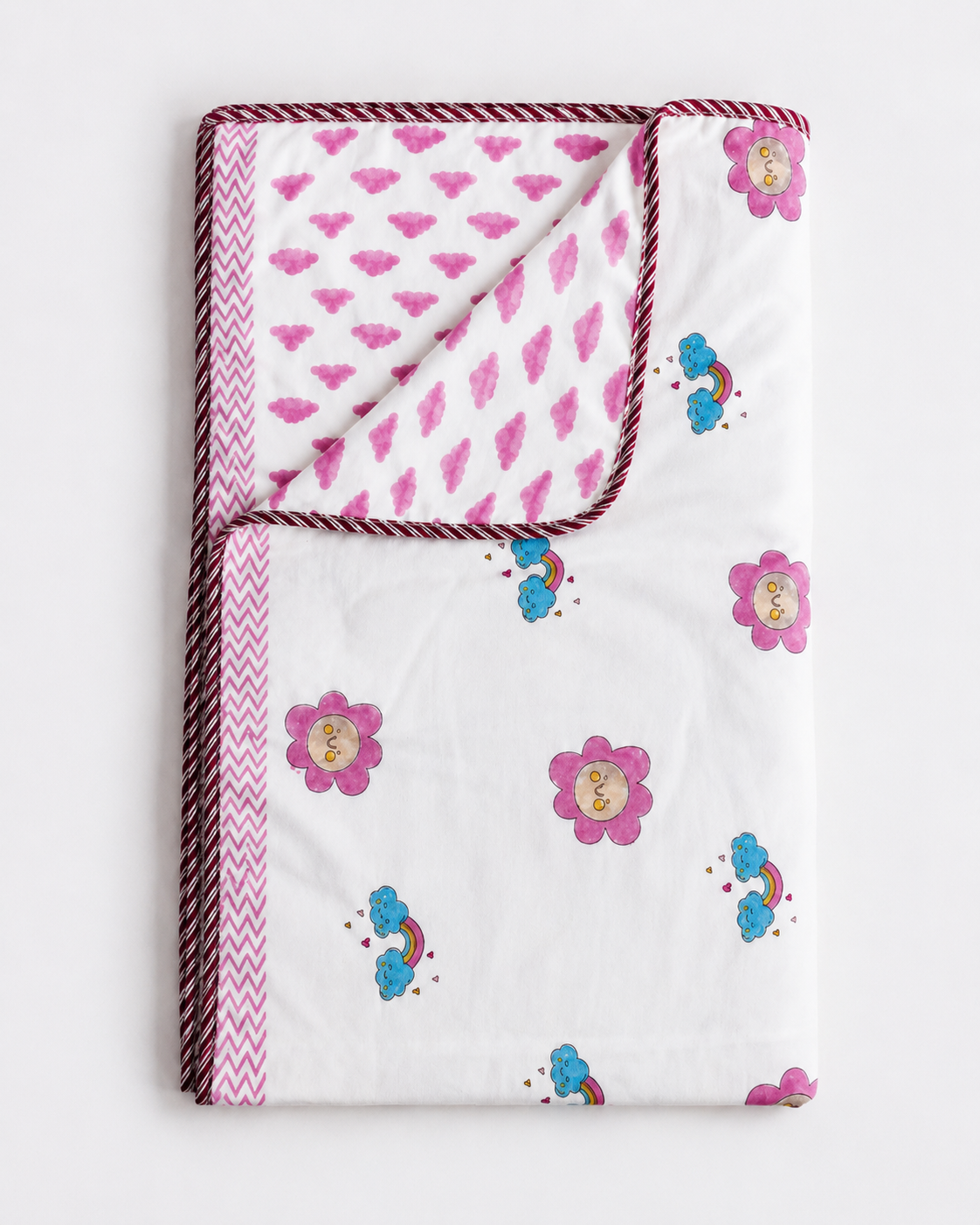 Pink Blossom Cotton Kids Blanket with Chevron Border