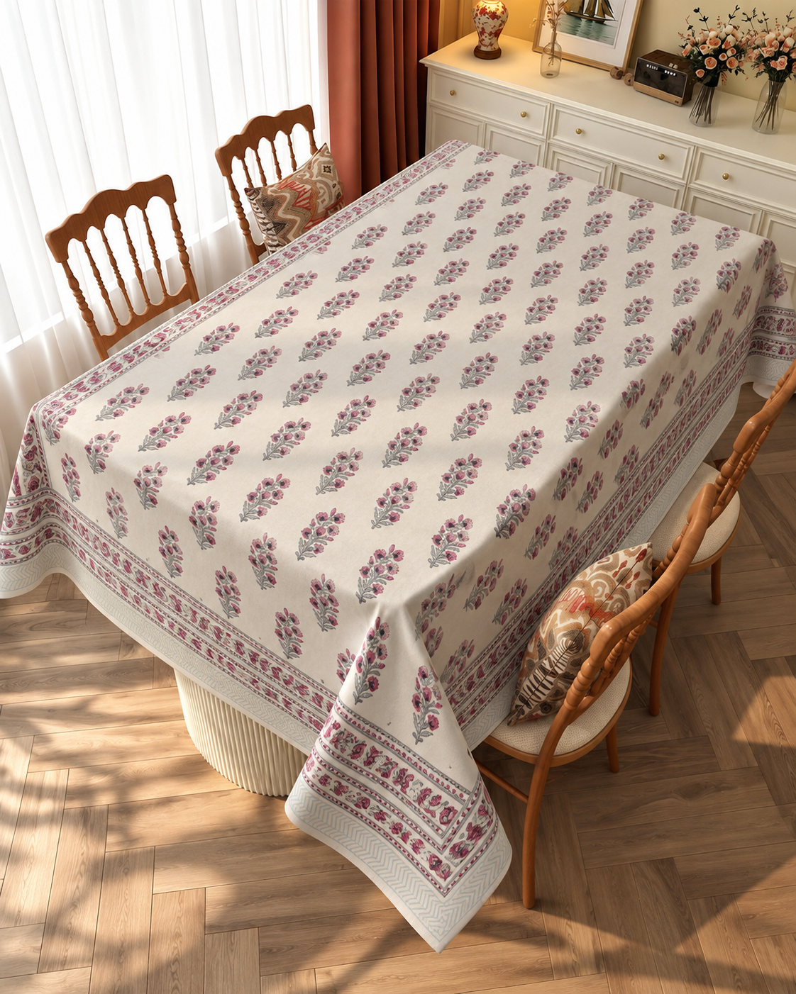 Pink Floral Block Print Table Cover with Decorative Border