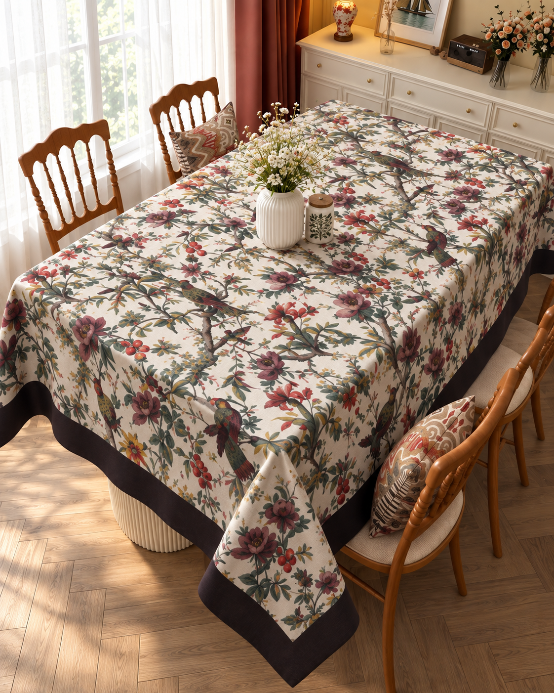 Floral Bird & Botanical Printed Table Cover with Border