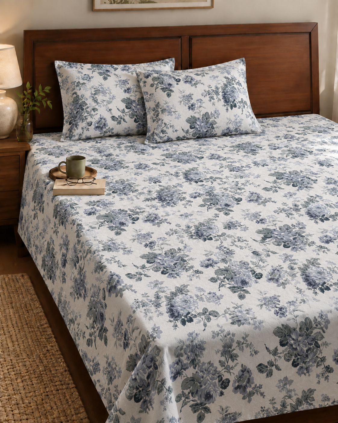 Elegant Blue Floral Print Bedsheet