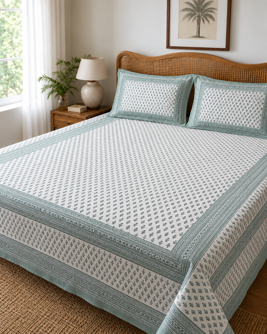Elegant Blue Floral Block Print Bedsheet