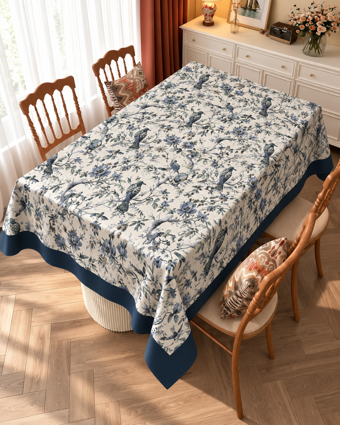 Blue Floral Bird Print Table Cover with Border