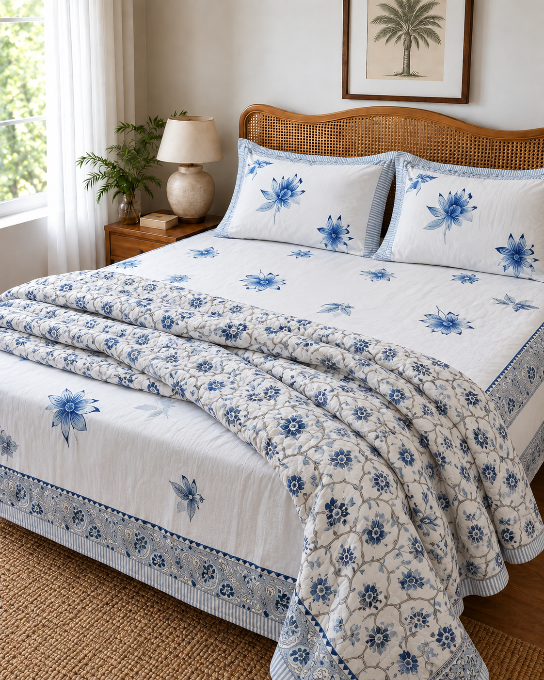 Blue Garden Cotton Quilt & Coordinated Bedsheet Set