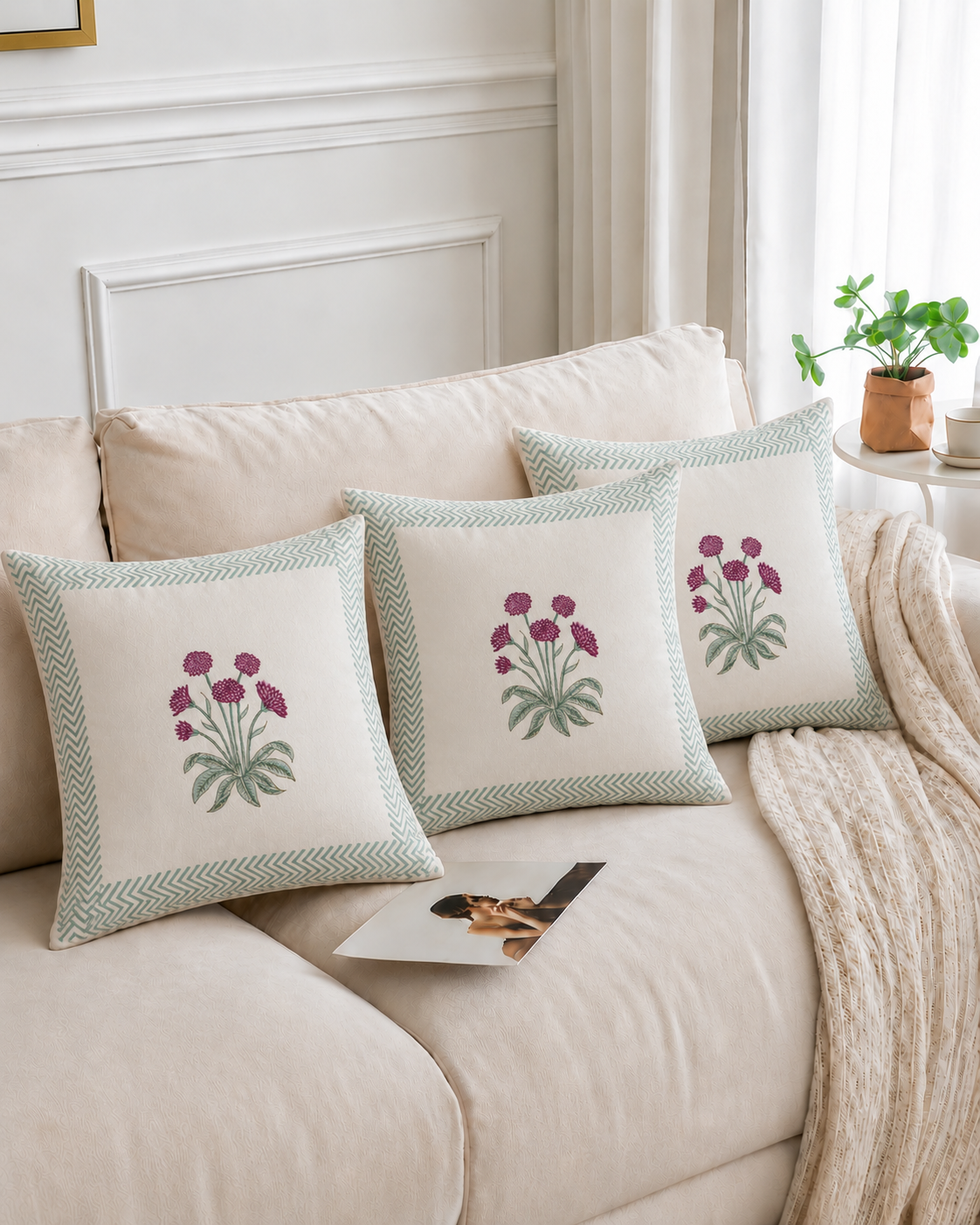 Ivory Blossom Cotton Cushion Covers – Set of 5