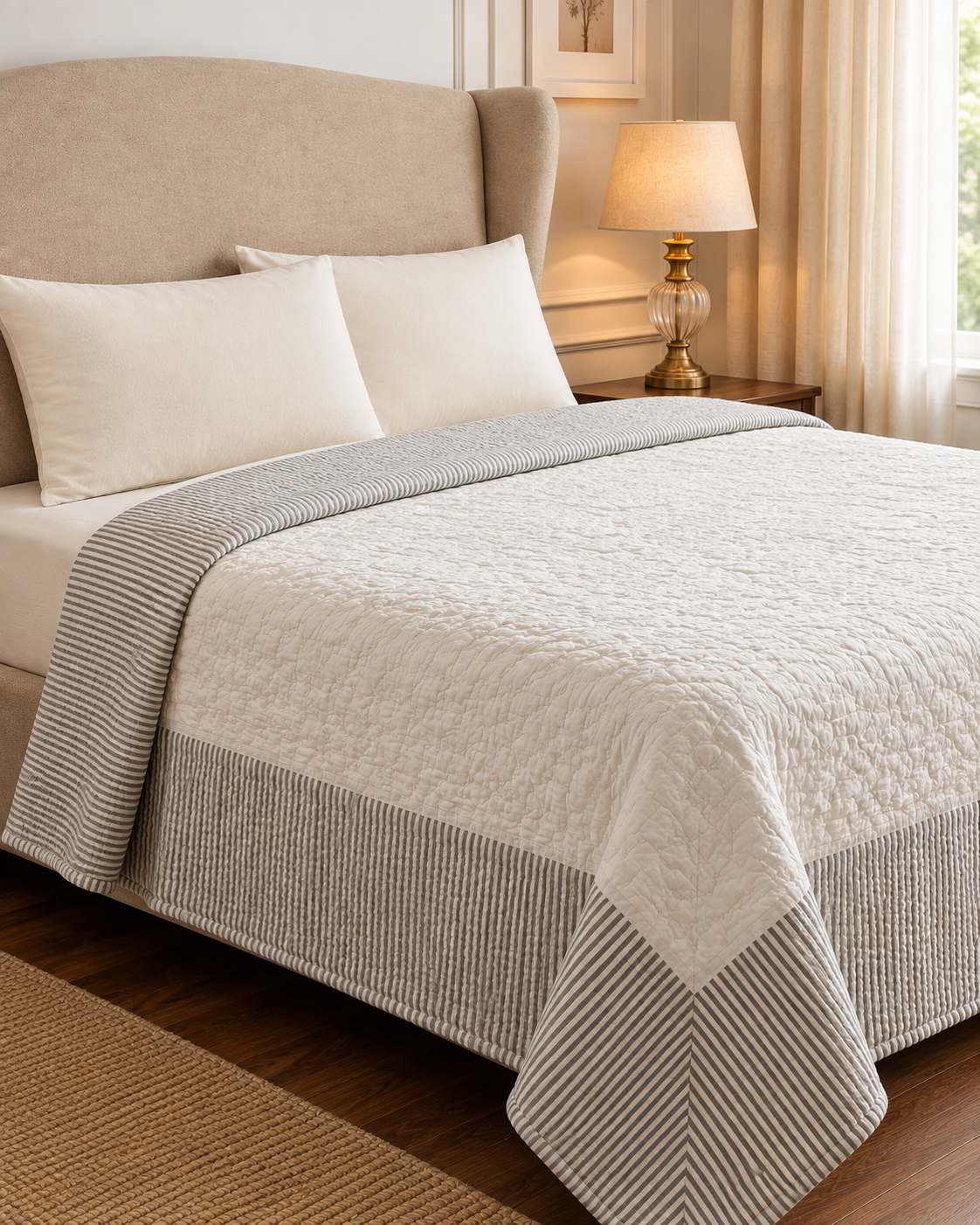 White Cotton Striped Border Super King Sized Kantha Quilt
