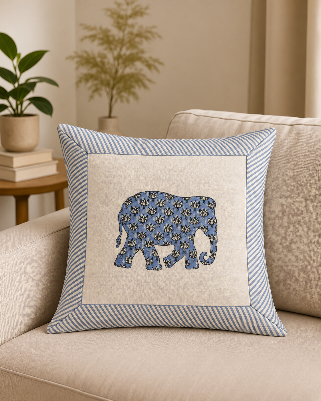 Blue Elephant Printed Cushion Covers with Striped Border – Set of 5