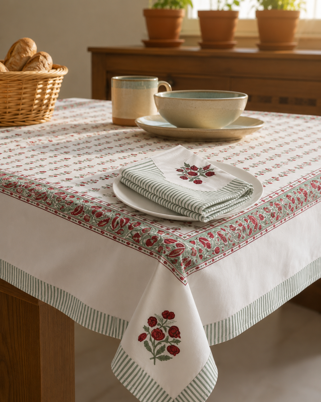 Blush Stripe Floral Cotton Table Cover & Coordinated Napkin Set