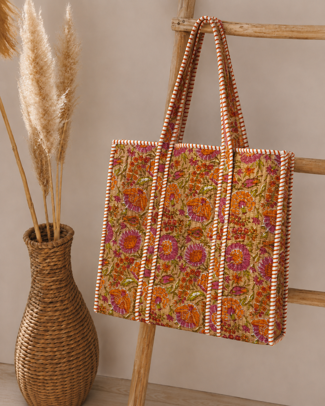 Terracotta Blossom Quilted Cotton Tote