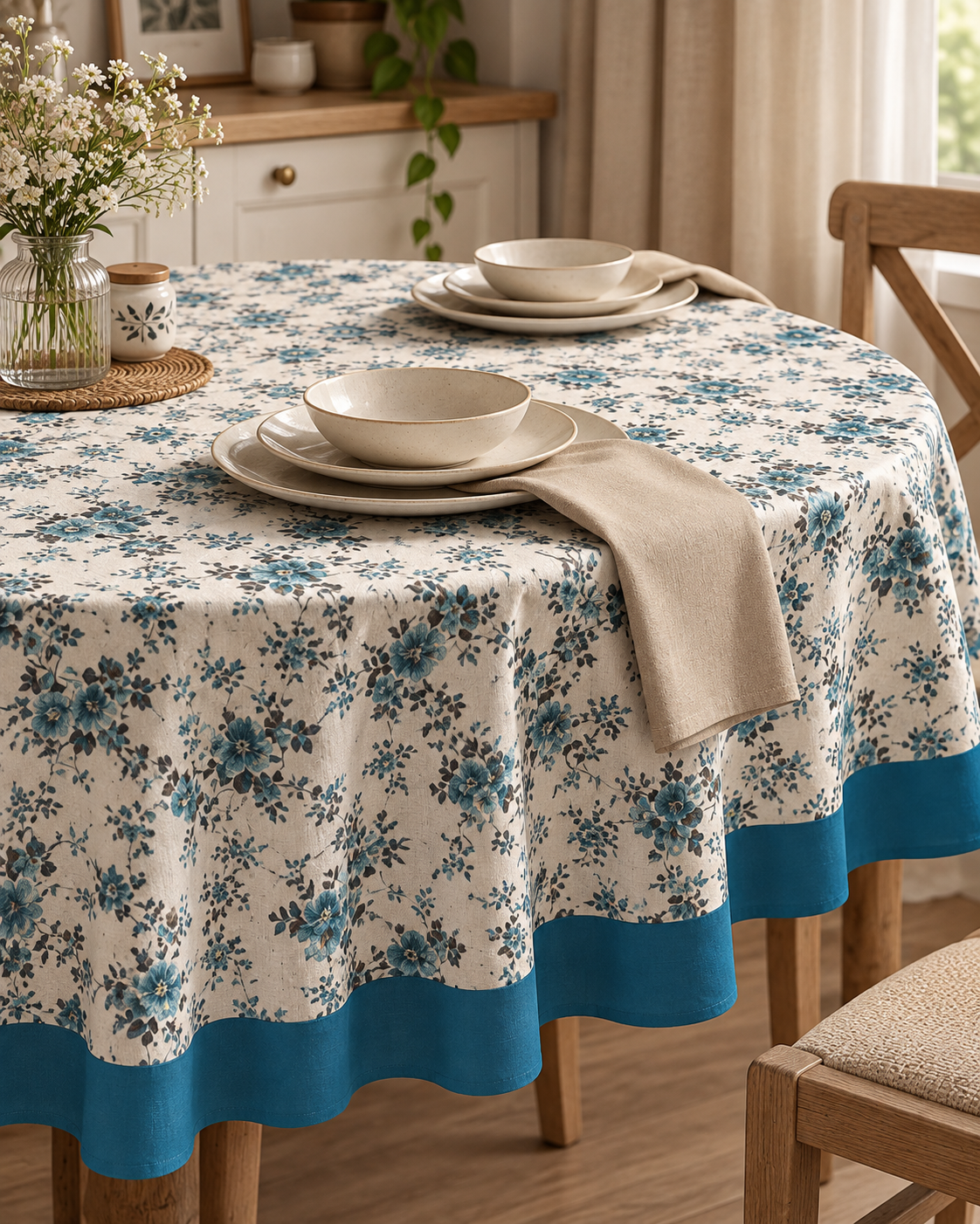 Blue Floral Printed Table Cover with Border