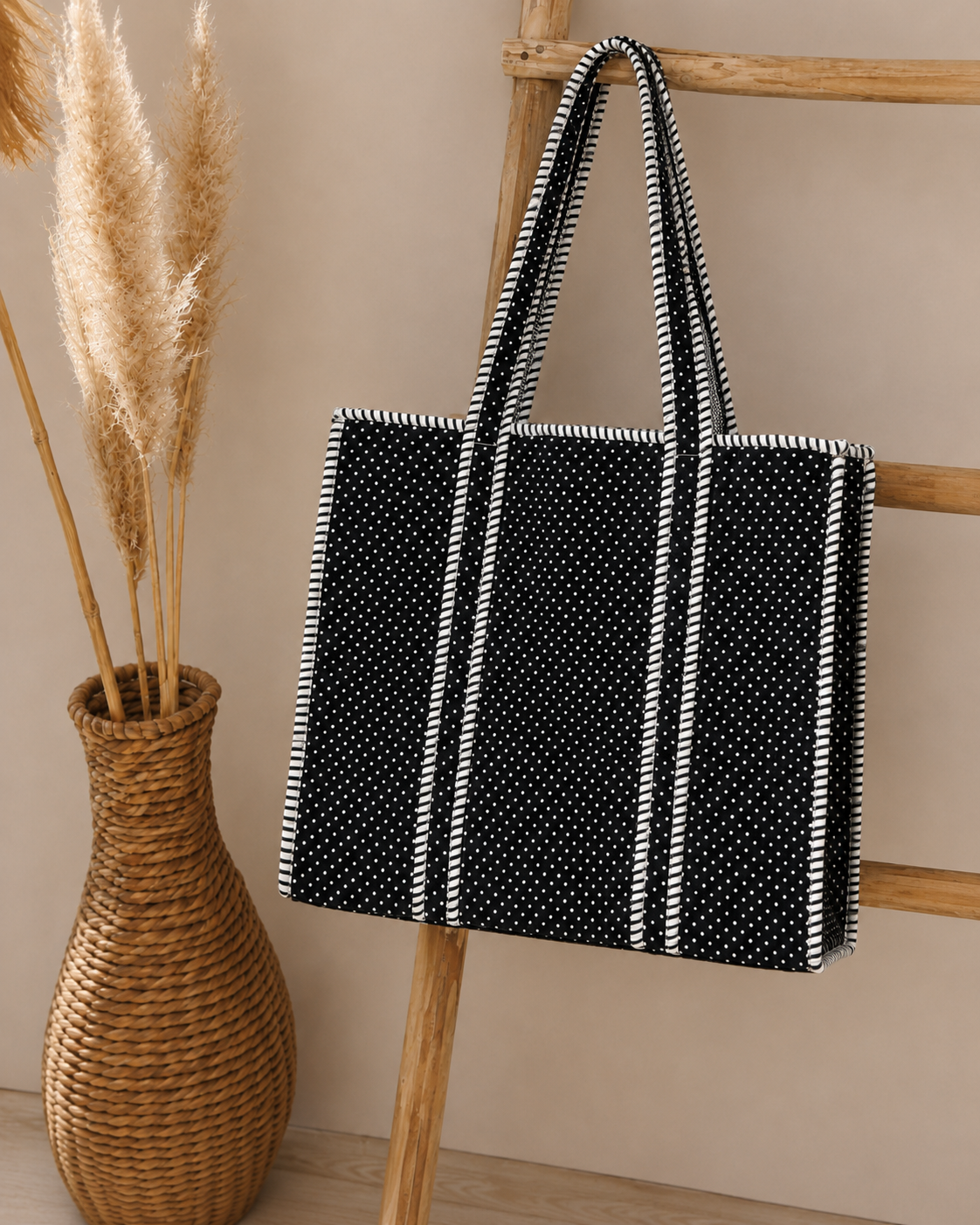 Midnight Micro-Dot Quilted Cotton Tote