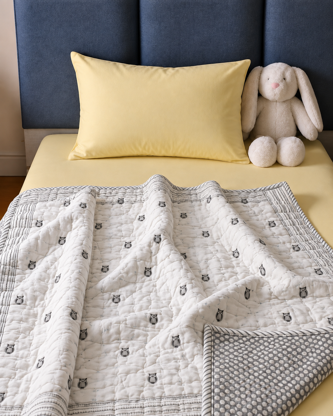 Cotton White Owl Print Reversible Baby Quilt