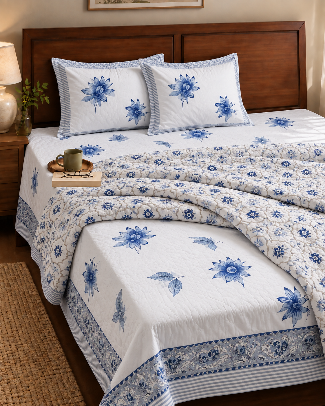 Blue Garden Cotton Quilt & Coordinated Bedsheet Set