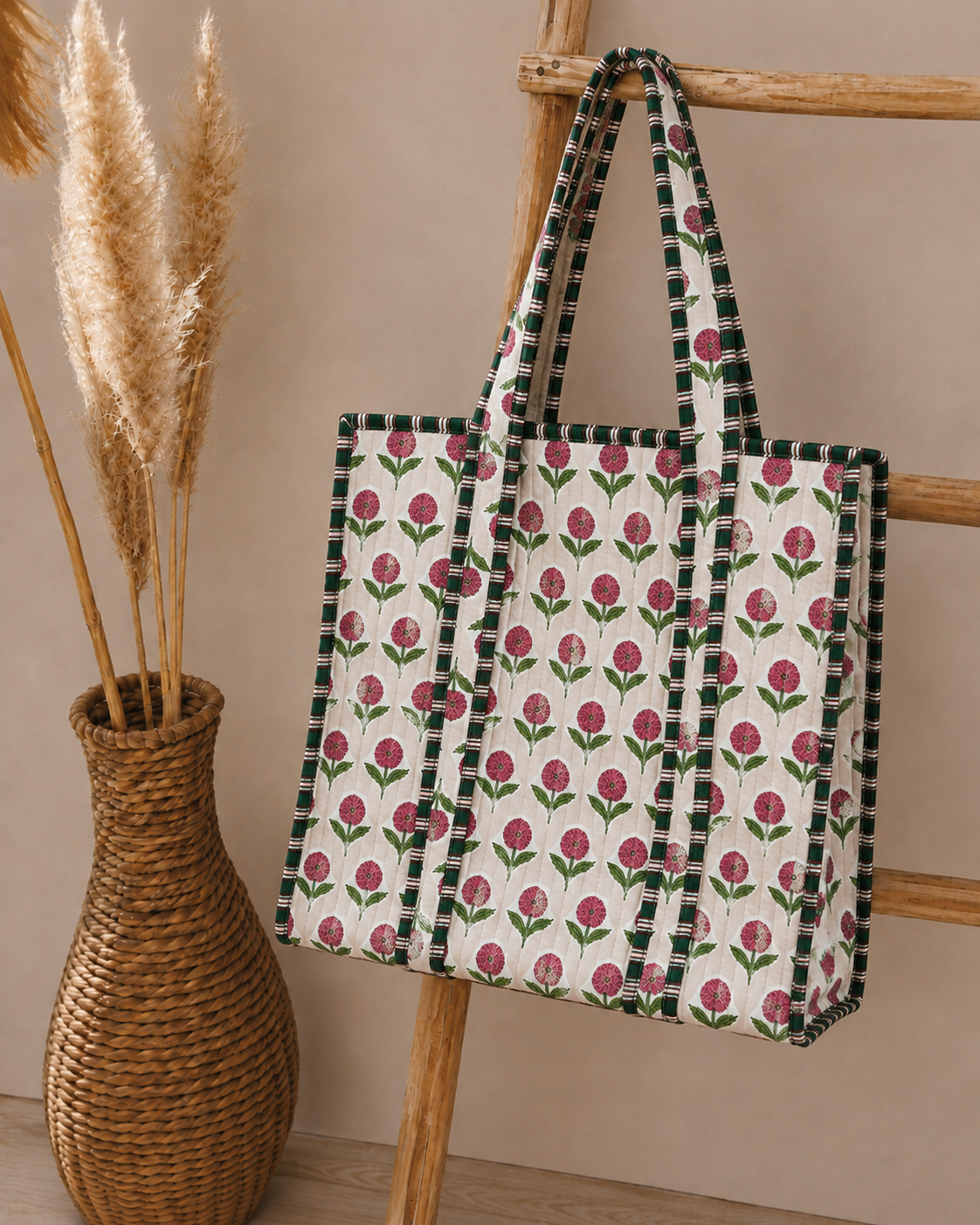 Rosewood Bloom Quilted Cotton Tote