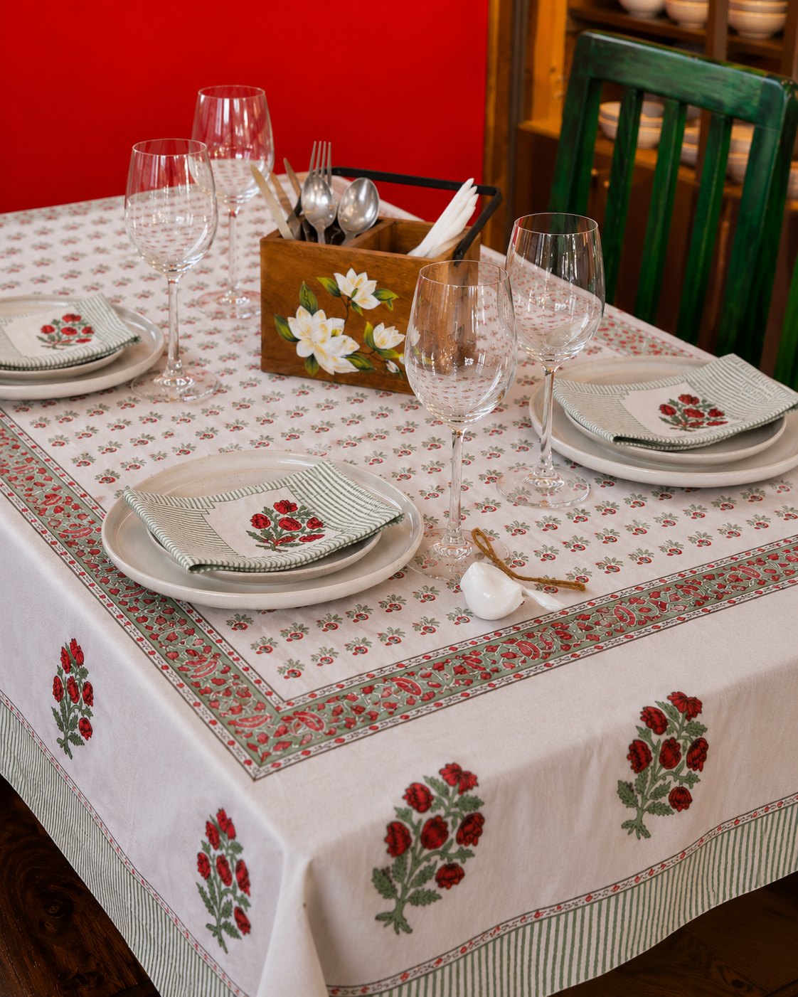 Blush Stripe Floral Cotton Table Cover & Coordinated Napkin Set