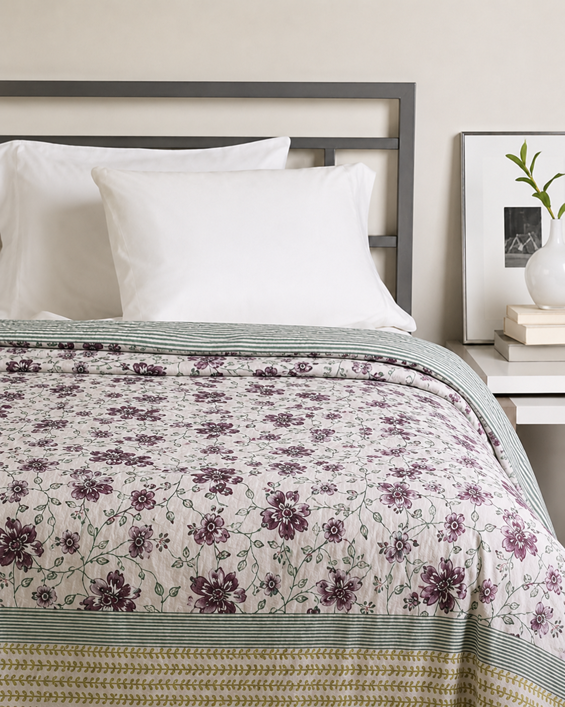 Sage Blossom Hand Block Printed Pure Cotton Double Bed Dohar – Reversible