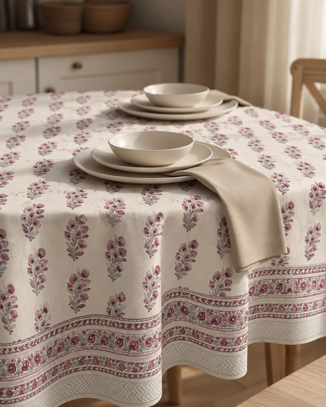Pink Floral Block Print Table Cover with Decorative Border