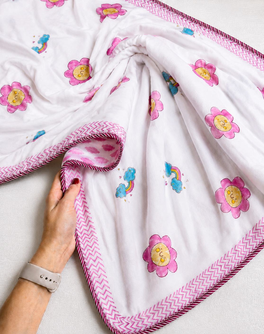 Pink Blossom Cotton Kids Blanket with Chevron Border