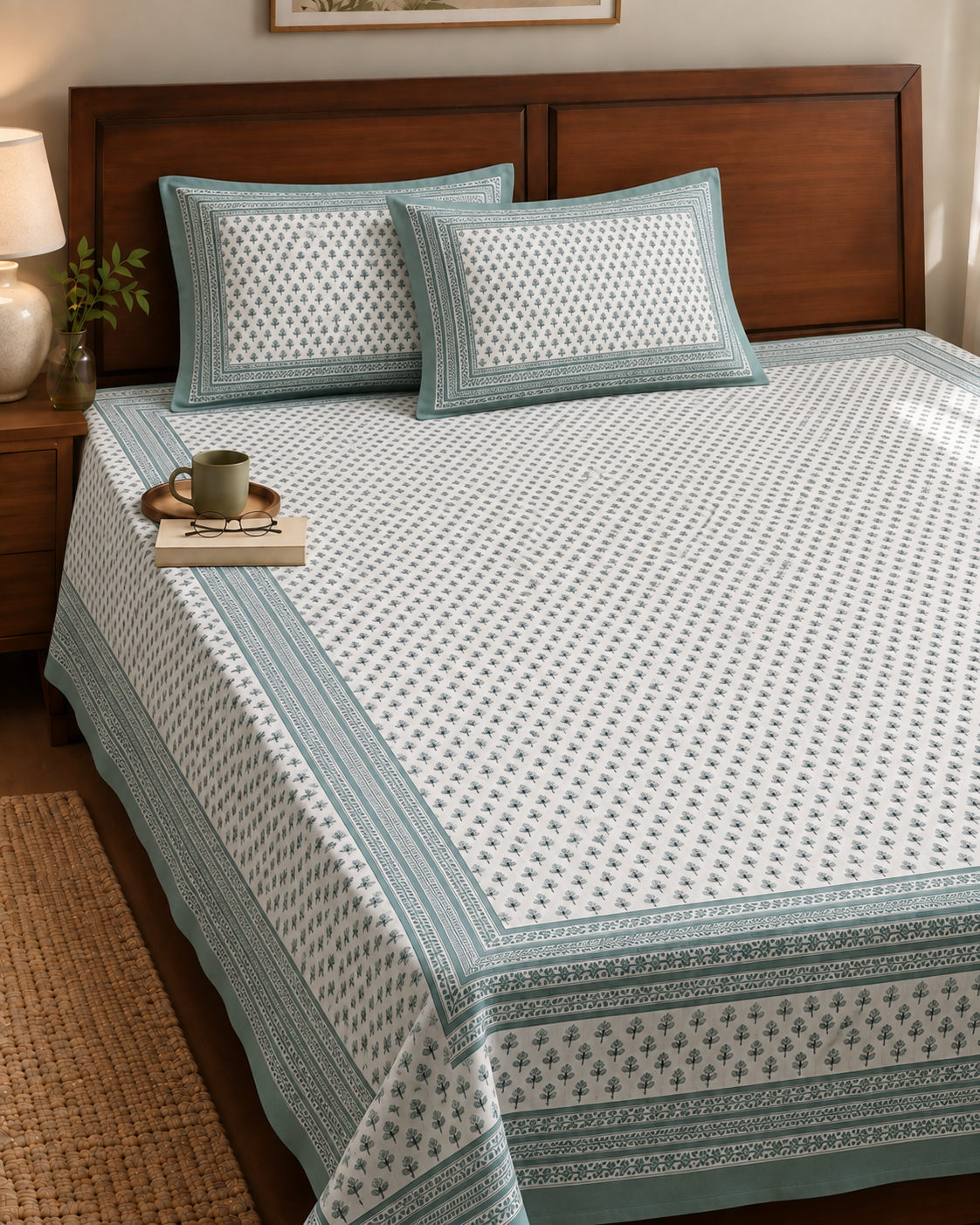 Elegant Blue Floral Block Print Bedsheet