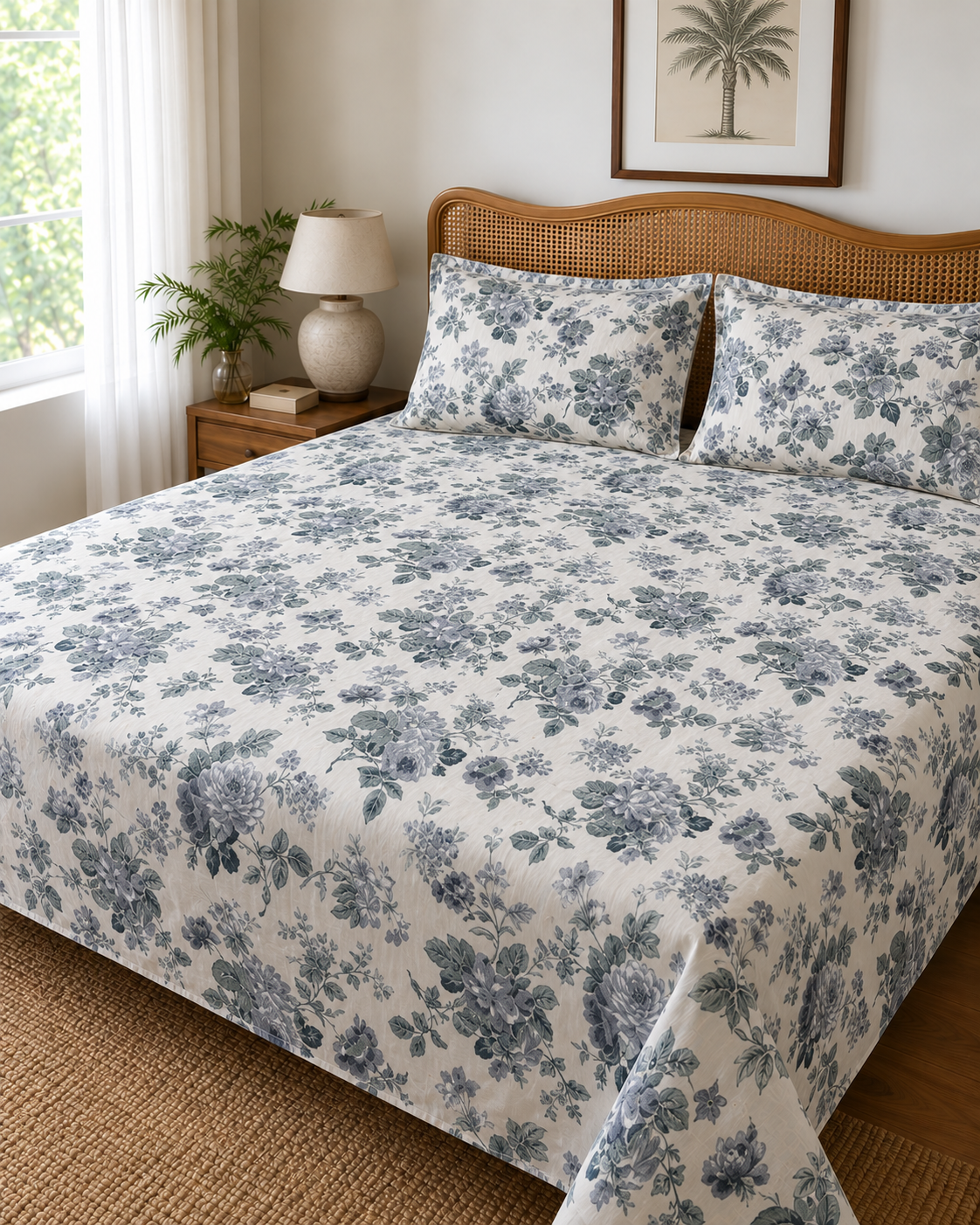 Elegant Blue Floral Print Bedsheet