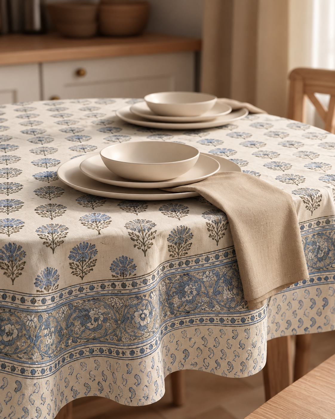 Blue Meadow Hand Block Printed Cotton Table Cover