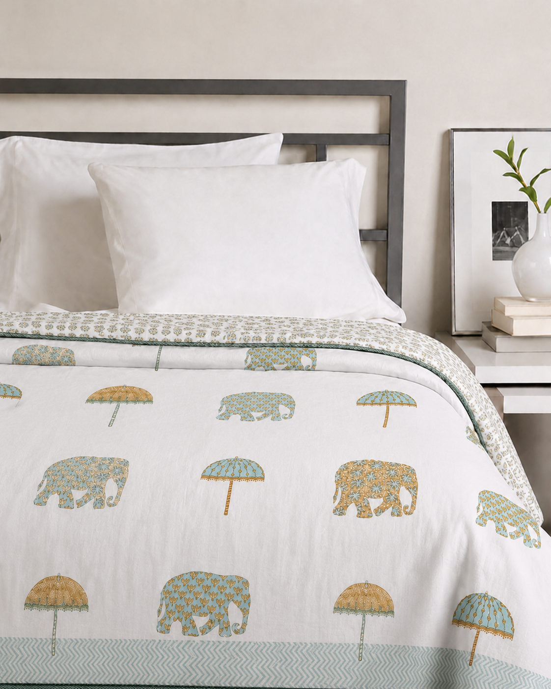Elephant Grove Hand Block Printed Pure Cotton Double Bed Dohar – Reversible