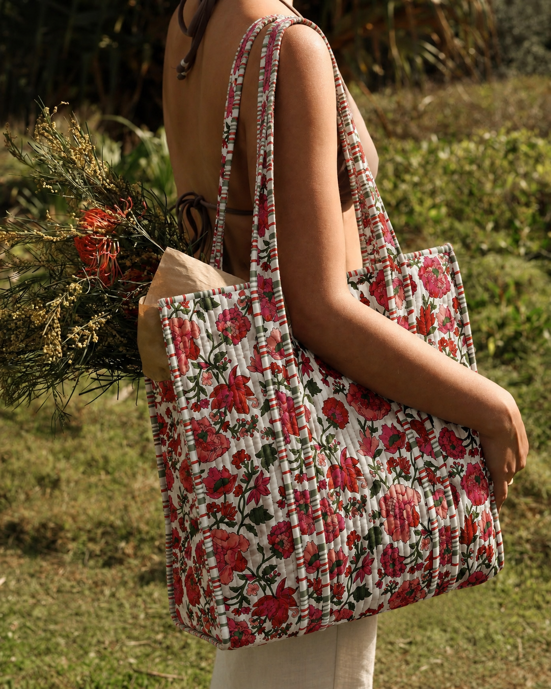 Crimson Garden Quilted Cotton Tote