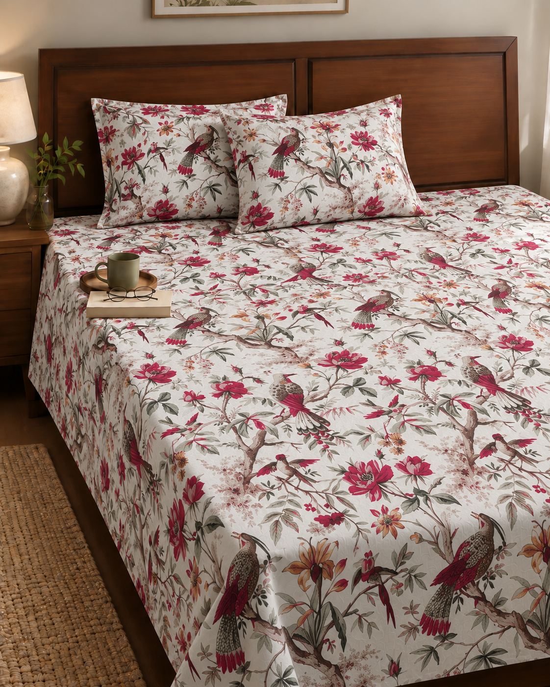Floral Bird & Botanical Print Bedsheet