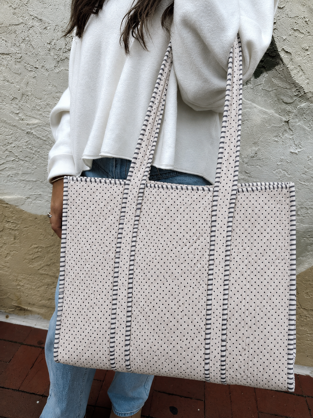 Ivory Micro-Dot Quilted Cotton Tote
