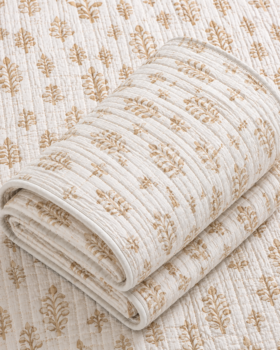 Cotton Quilted Beige Floral Print Blanket