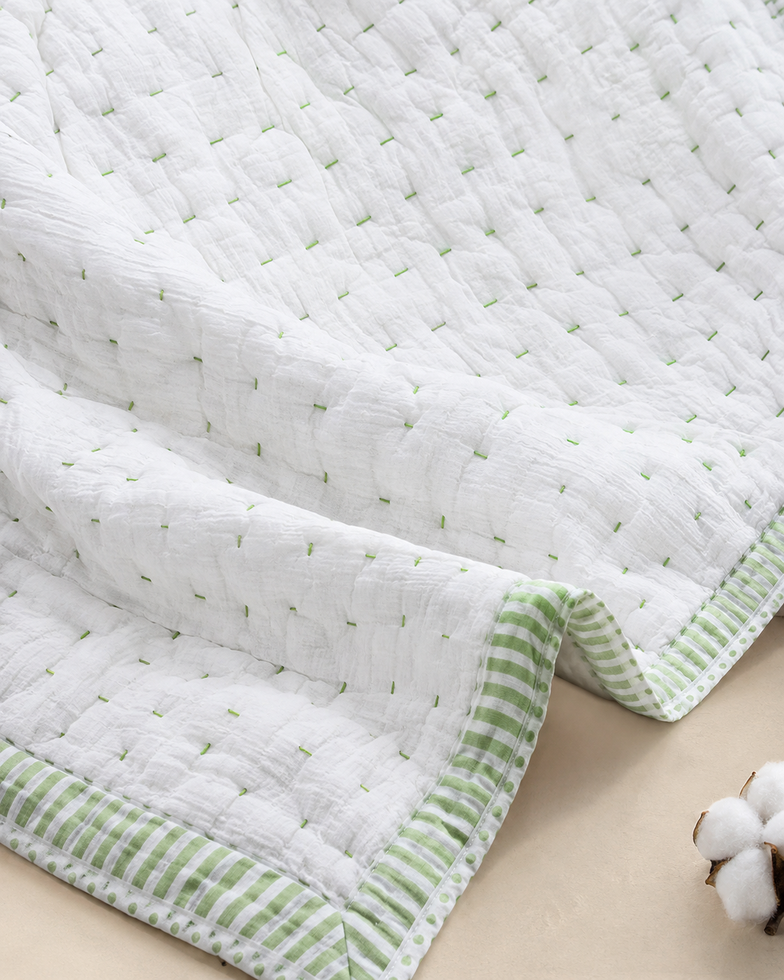 Handmade Pure cotton Green Border Kantha Quilt Perfect Warmth for Winter