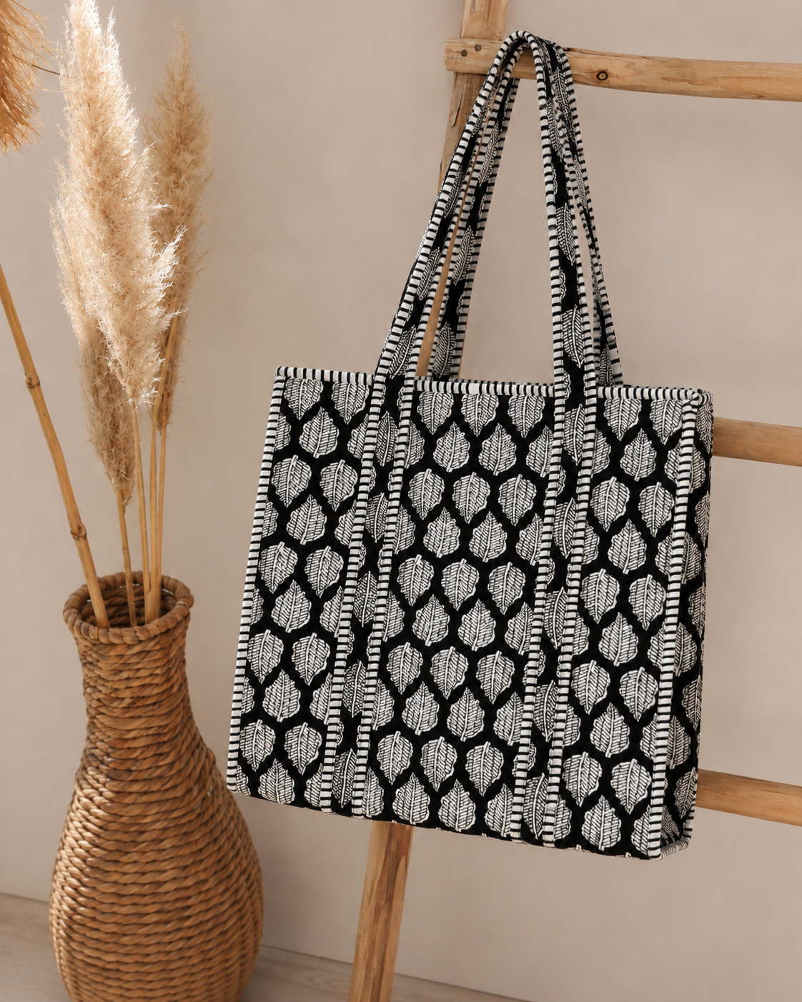 Midnight Leaf Quilted Cotton Tote