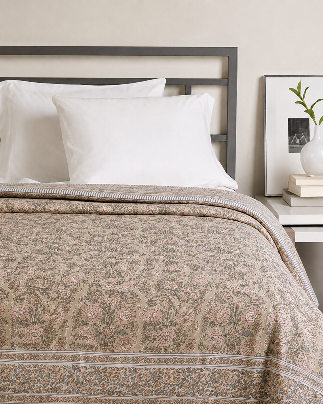 Silver Paisley Hand Block Printed Pure Cotton Double Bed Dohar