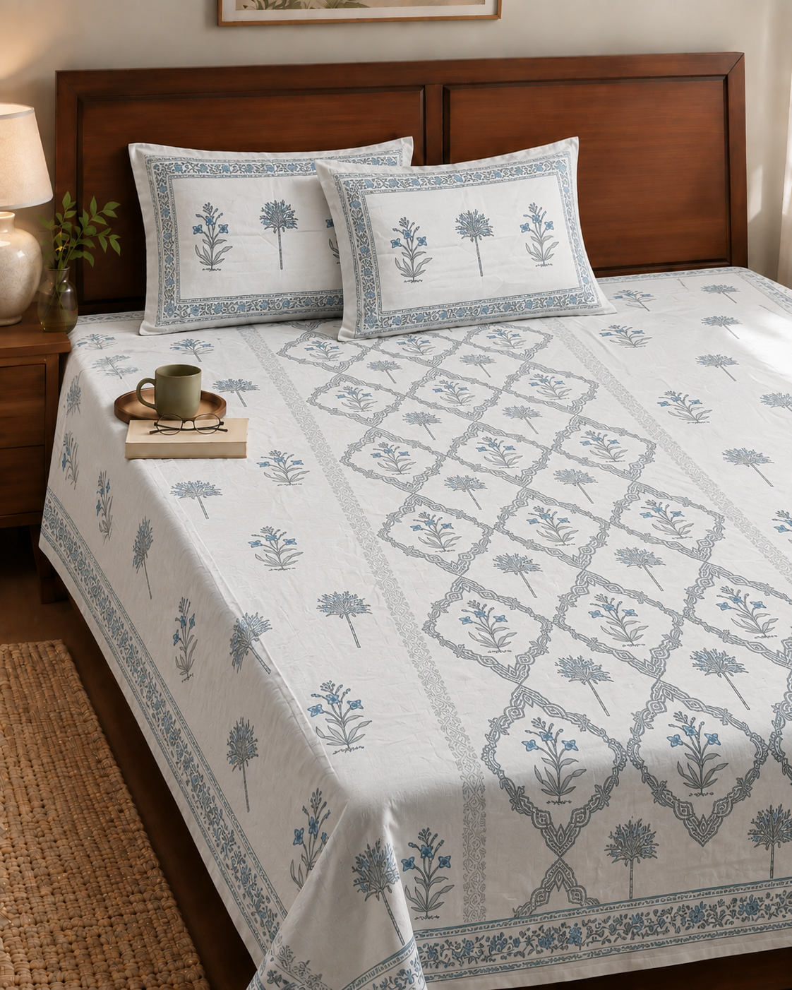 Elegant Blue Floral Motif Print Bedsheet