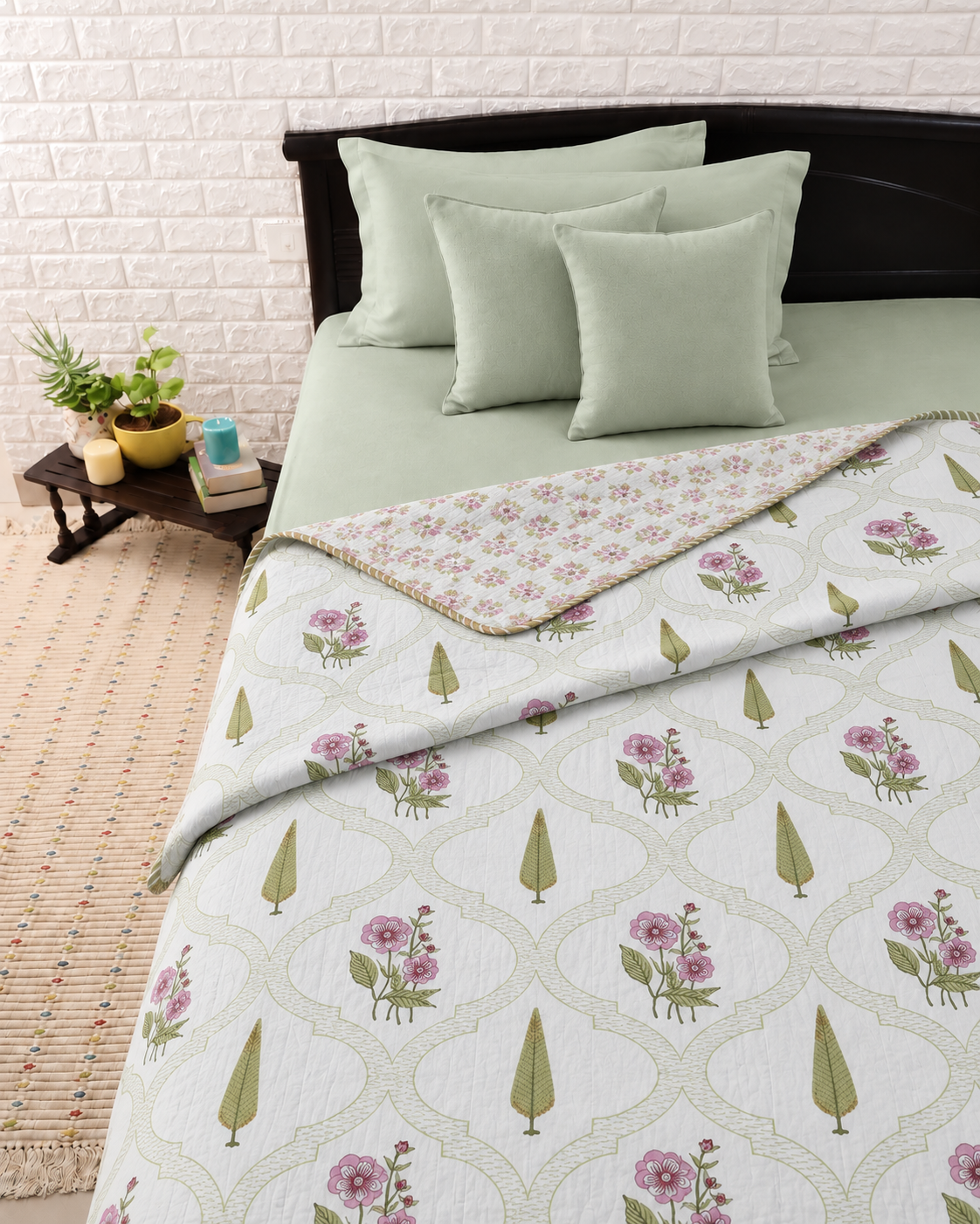 Willow Rose Meadow Hand Block Printed Cotton Single Bed Dohar (Pair of Two)